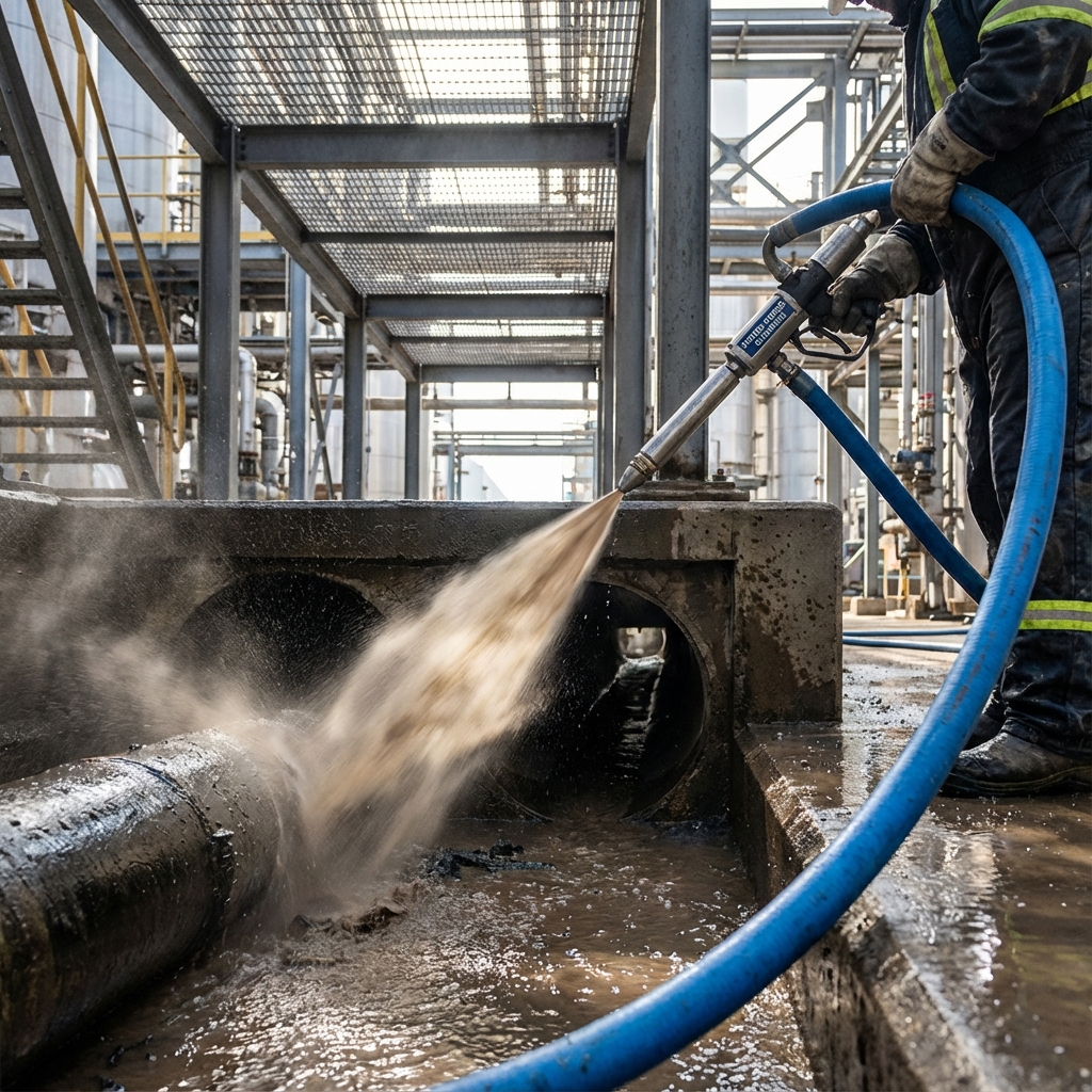 High pressure water jetting in action